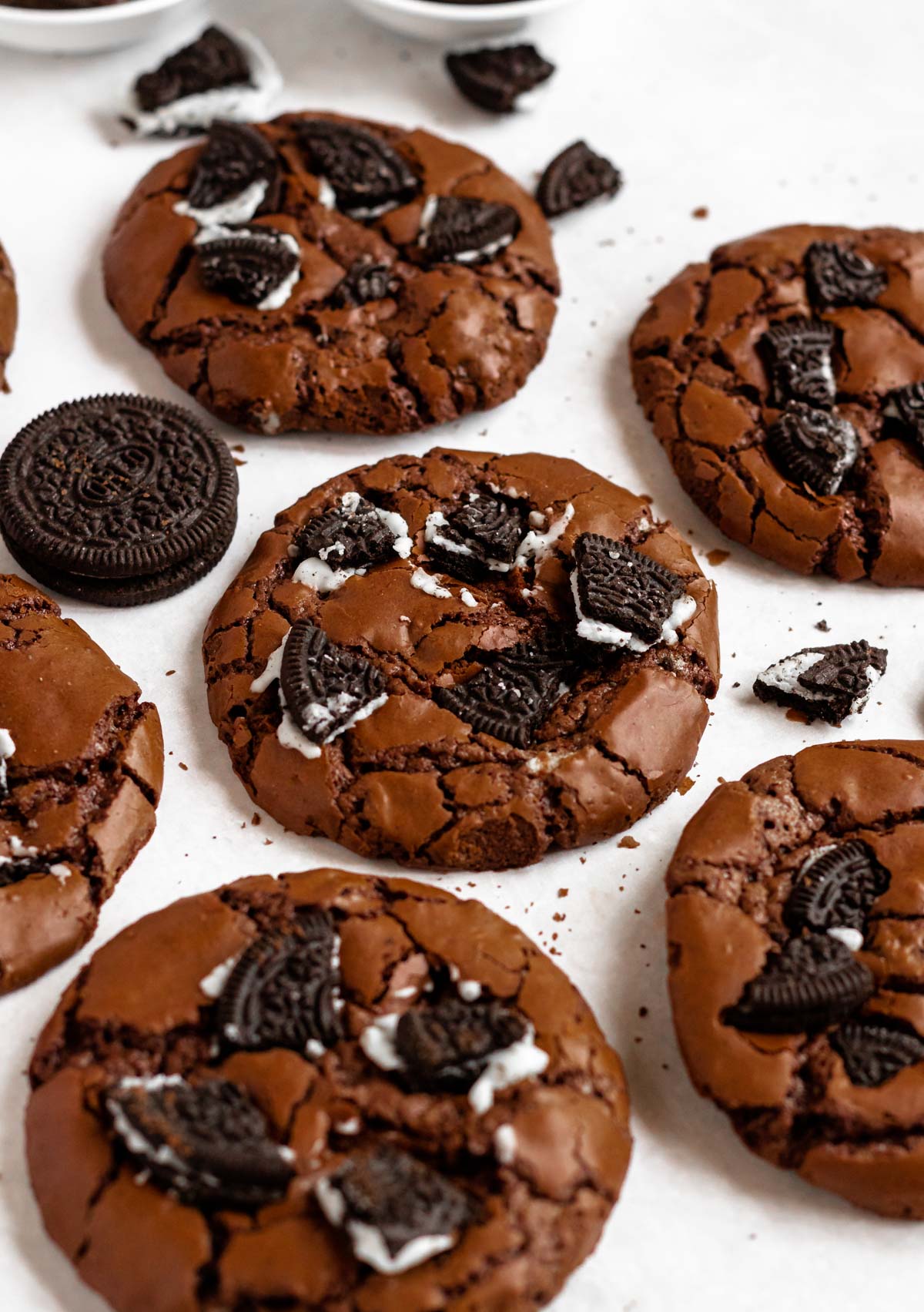 Close up shot of oreo brownie cookies.