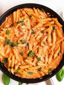 Top of pink sauce pasta in a pan.