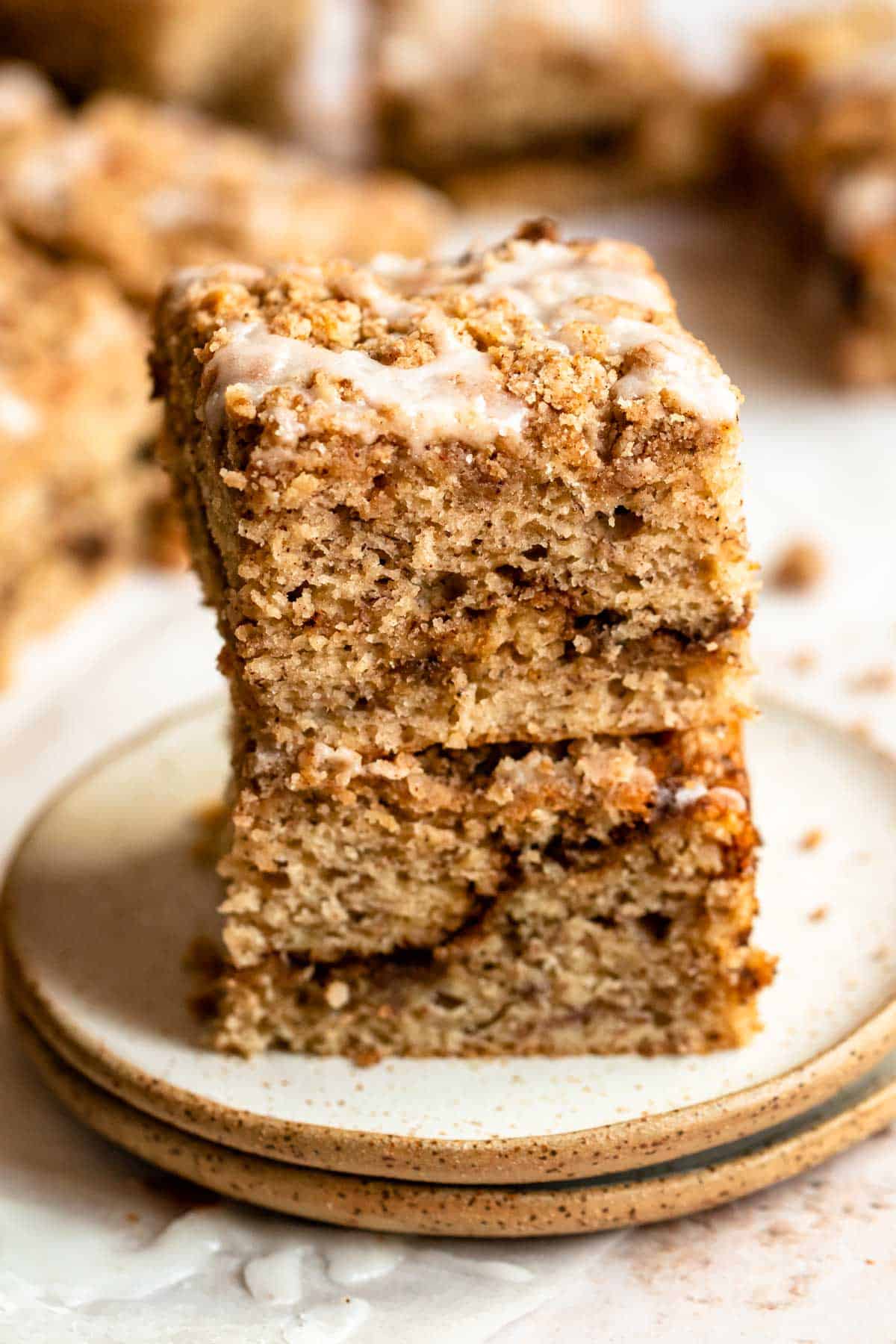 Stack of two slices of banana bread coffee cake.