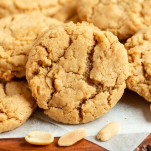 Close up shot of chewy peanut butter cookies.