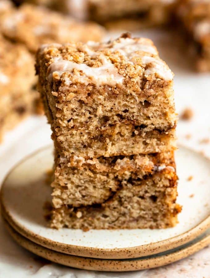 Stack of two pieces of banana coffee cake.