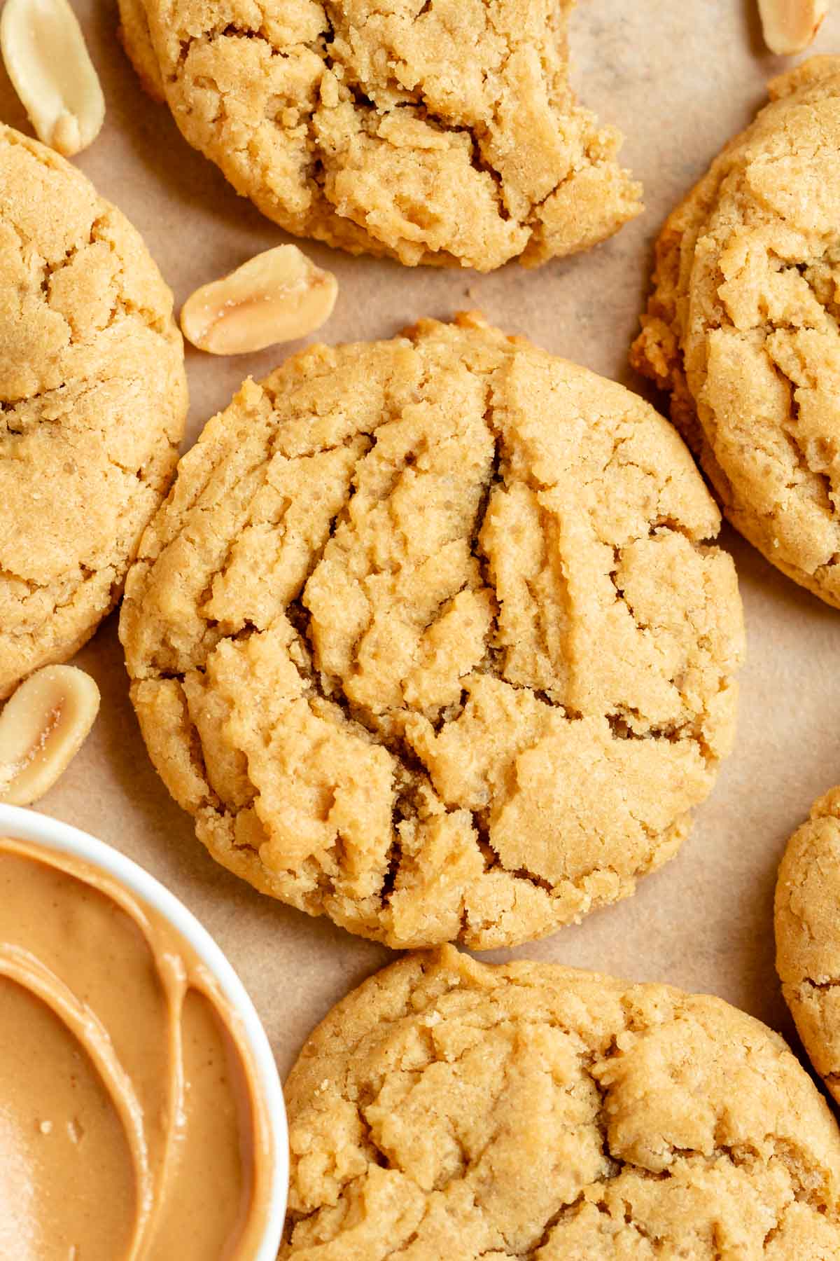 Overhead shot of chewy peanut butter cookies.