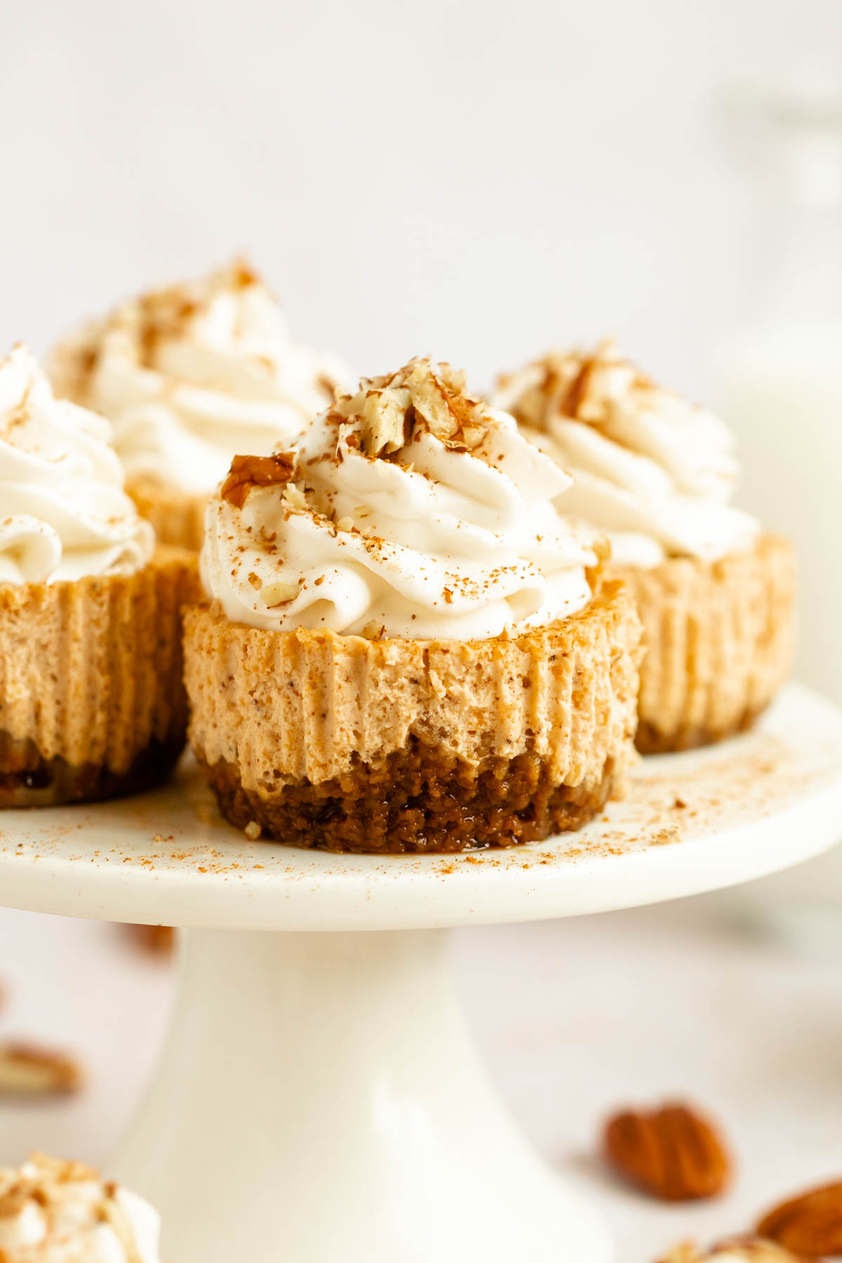 Close up shot of mini cheesecakes.