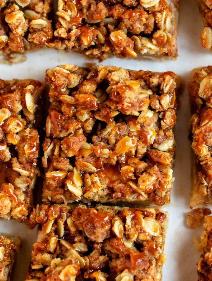 Close up shot of apple crisp bars.