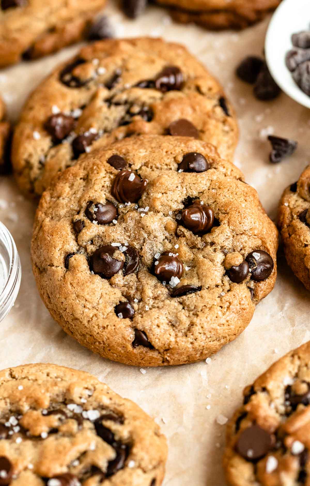 Close up shot of a No Butter Chocolate Chip Cookie.