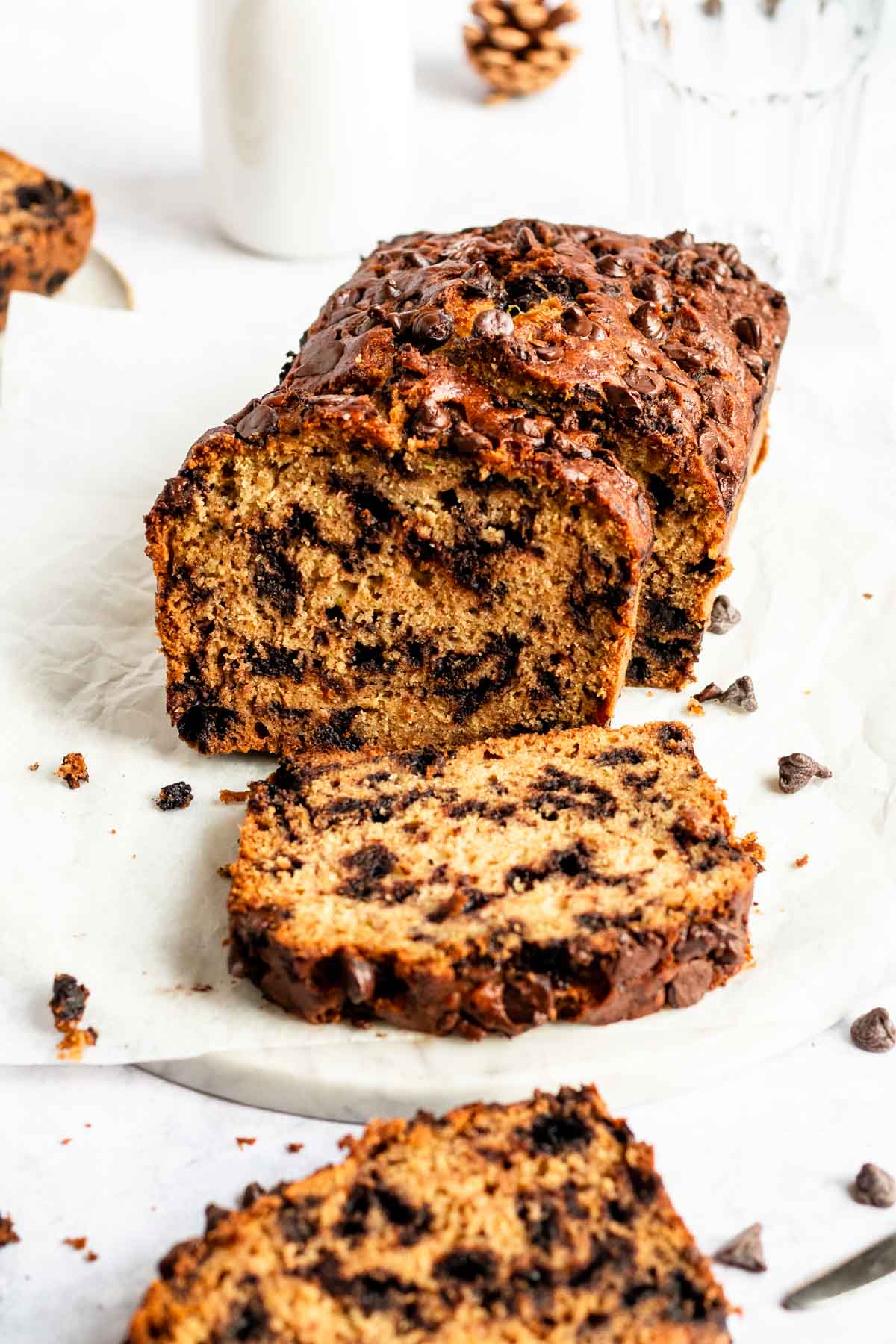 Close up shot of zucchini bread with chocolate chips.