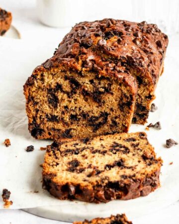 Sliced loaf of chocolate chip zucchini bread.