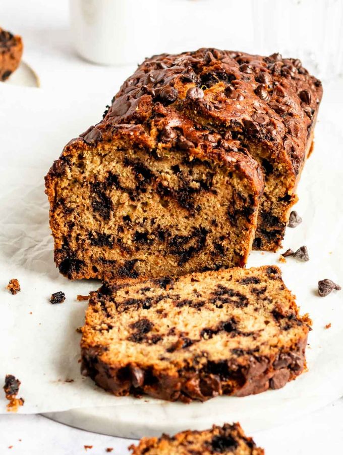 Sliced loaf of chocolate chip zucchini bread.