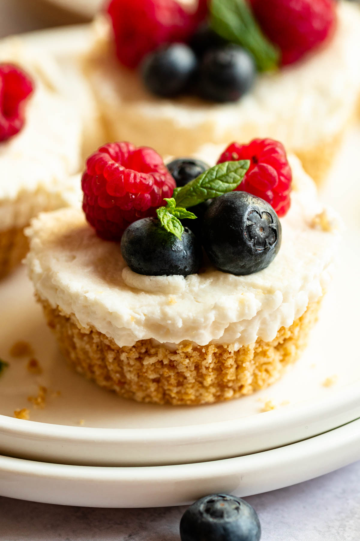 Close up shot of a mini cheesecake.