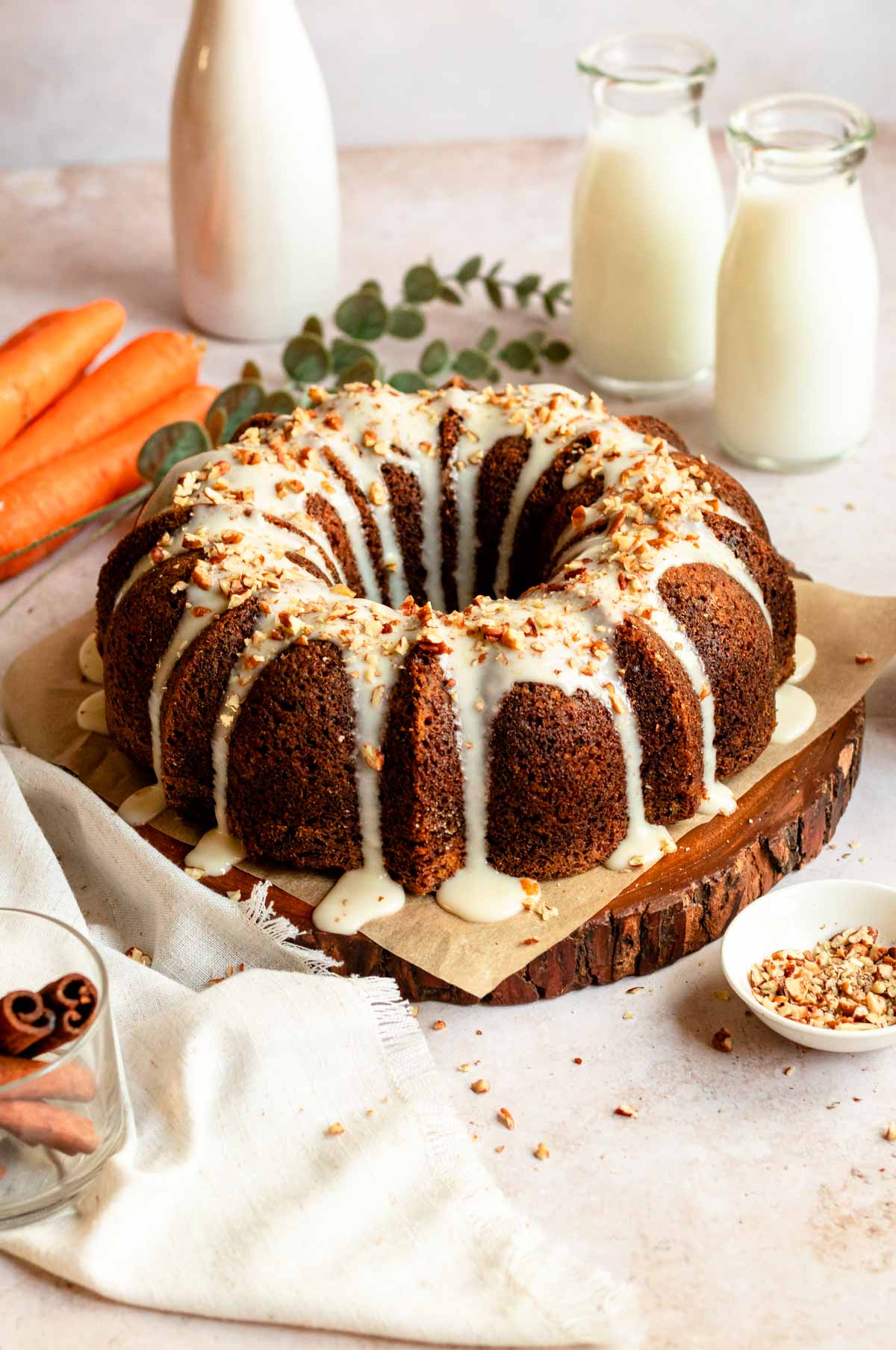 Bundt carrot cake with cream cheese frosting.