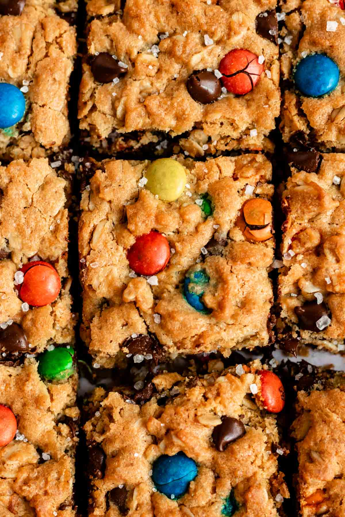 Overhead shot of cookie bars with m&m's.
