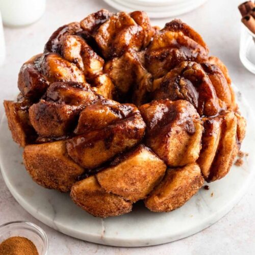 Pull apart monkey bread on a cake pan.