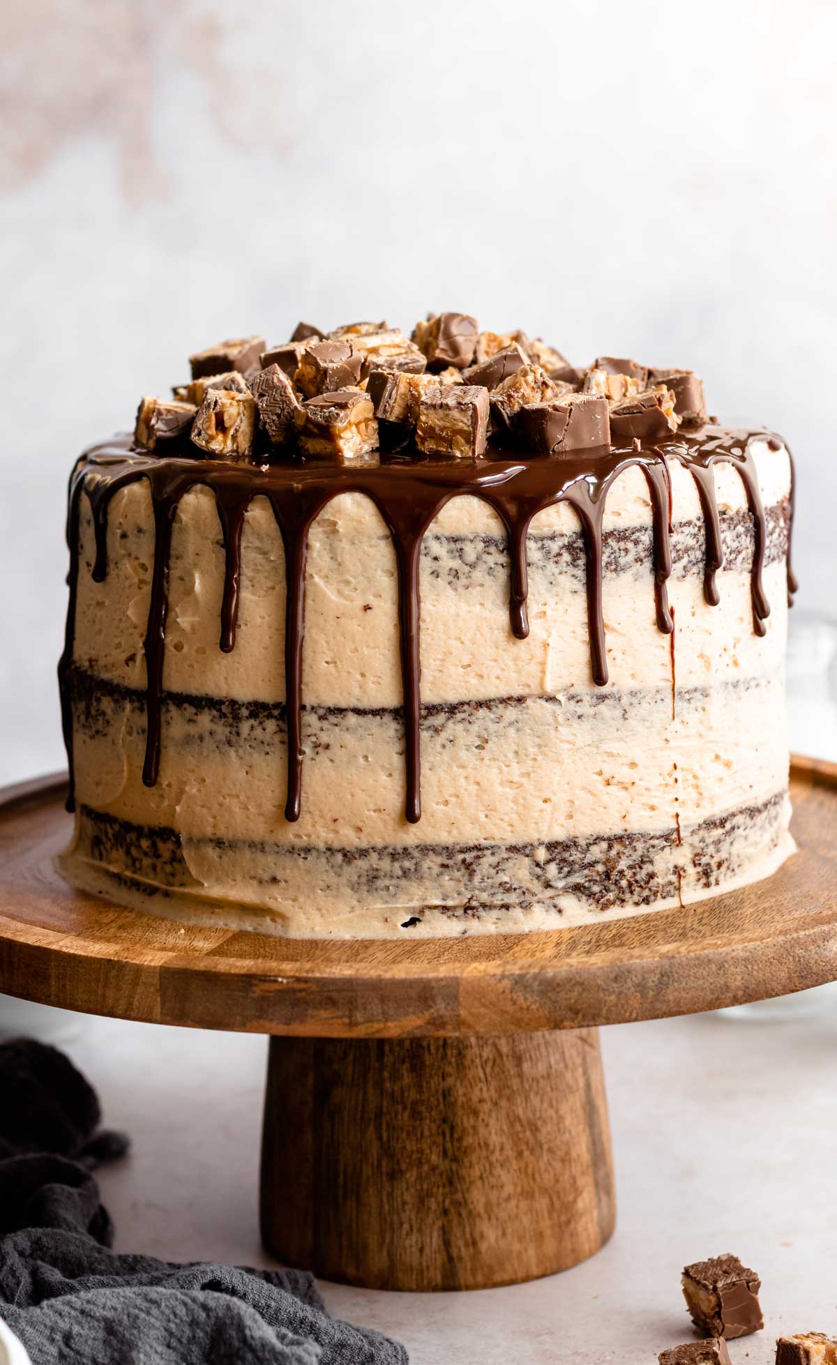 Close up shot of a snickers cake.