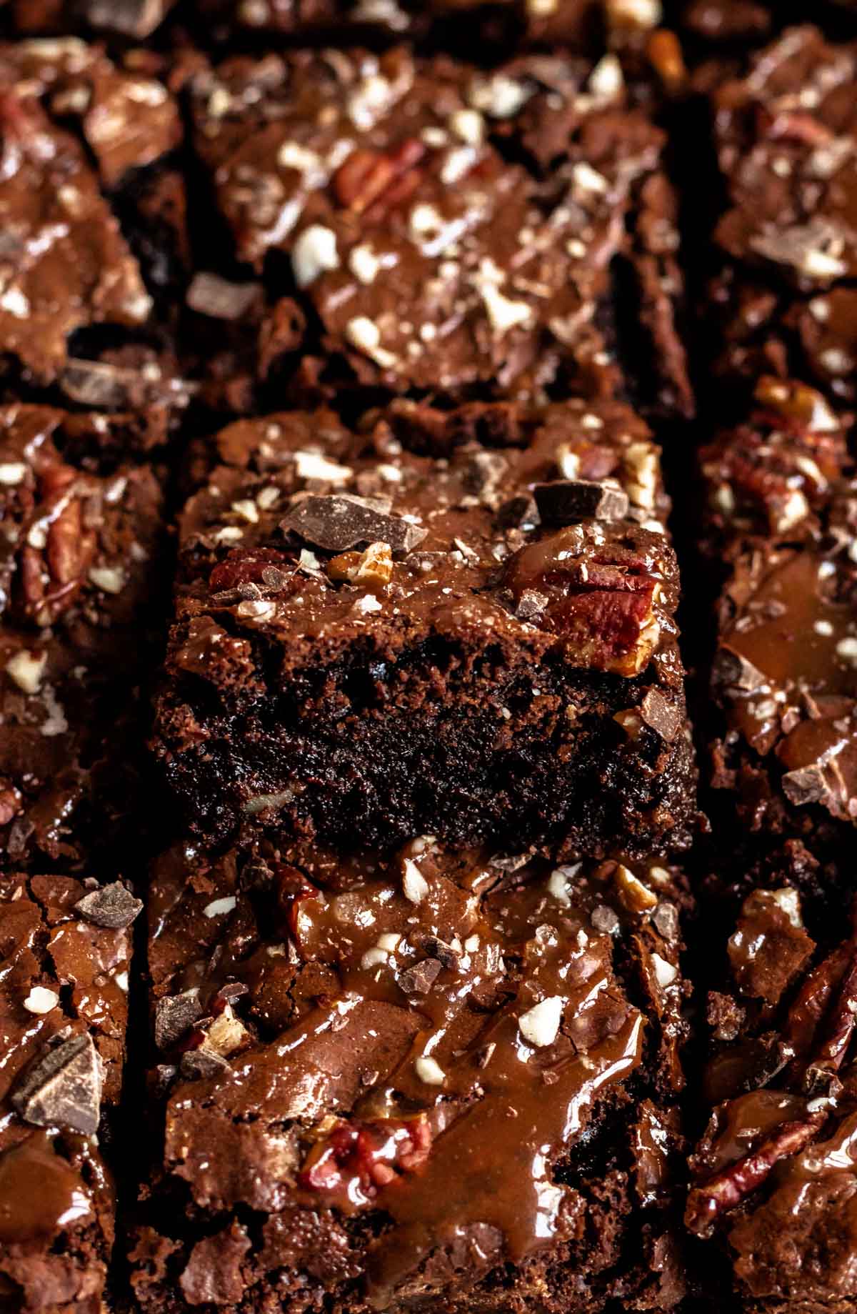 Close up shot of sliced turtle brownies.
