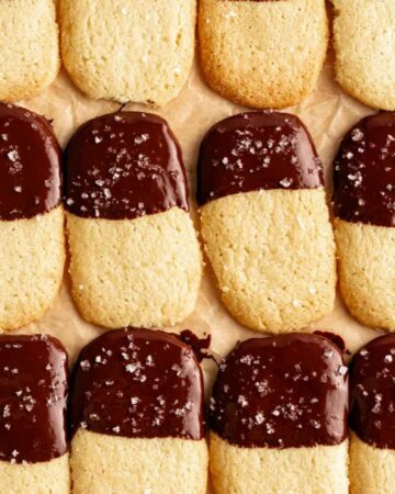 Overhead shot of chocolate dipped shortbread cookies.