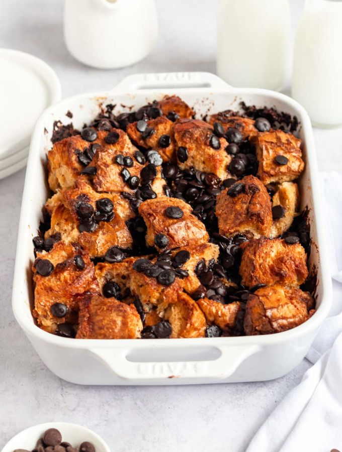Chocolate chip bread pudding in a pan.
