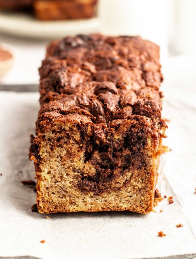 Nutella banana bread on parchment paper.