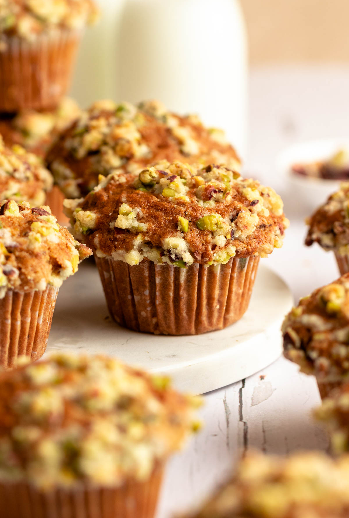 Close up shot of a pistachio muffin.