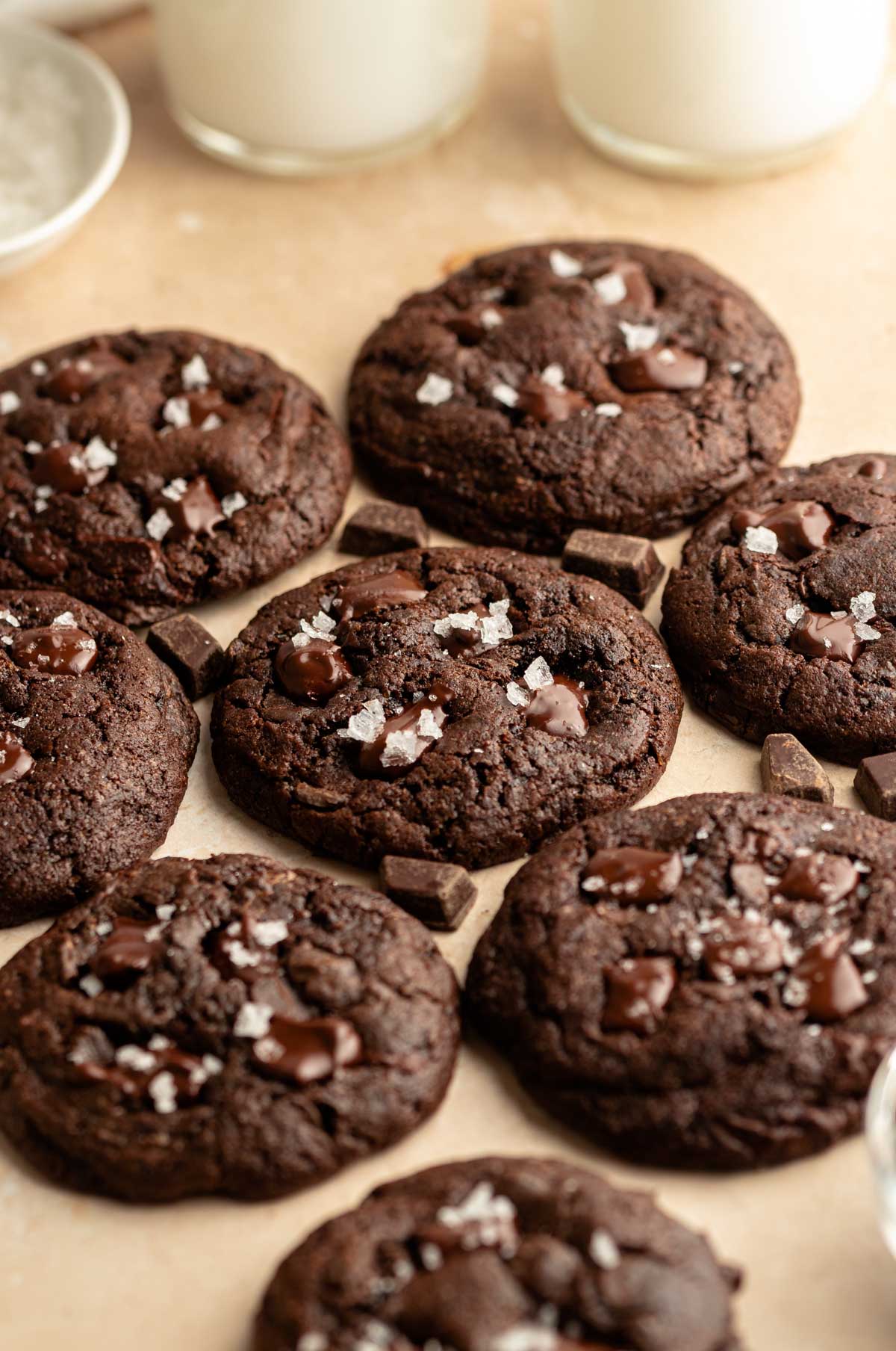 Chocolate cookies with flakey salt on top.
