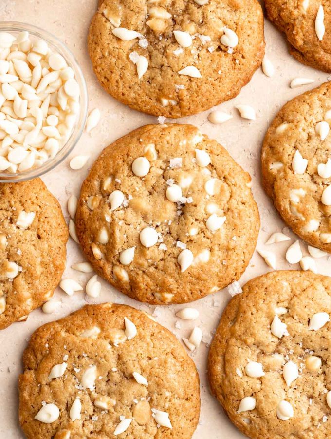 Overhead shot of white chocolate cookies.