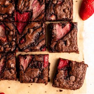 Overhead shot of sliced strawberry brownies.