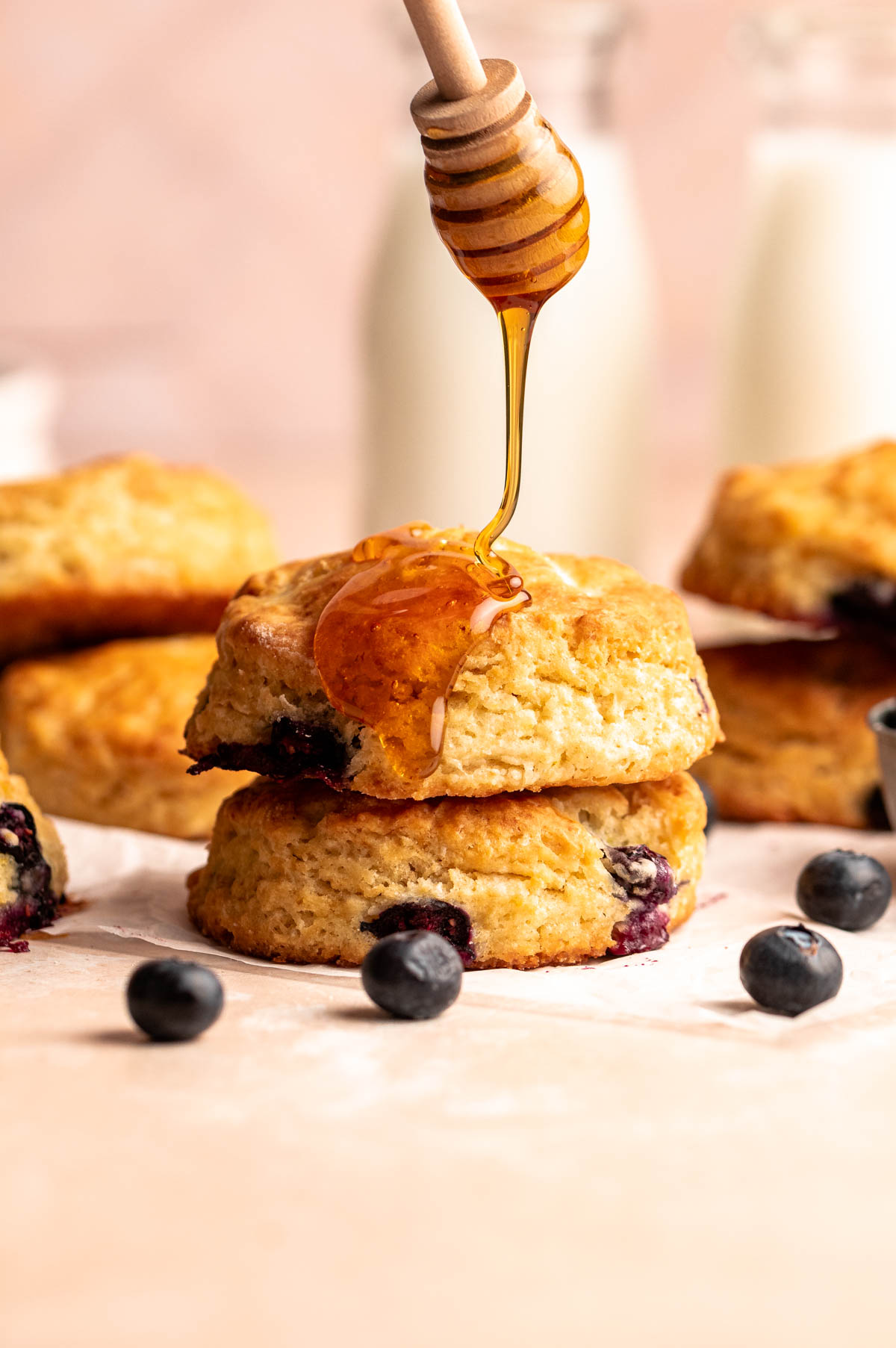 Honey drizzled on a blueberry biscuit.