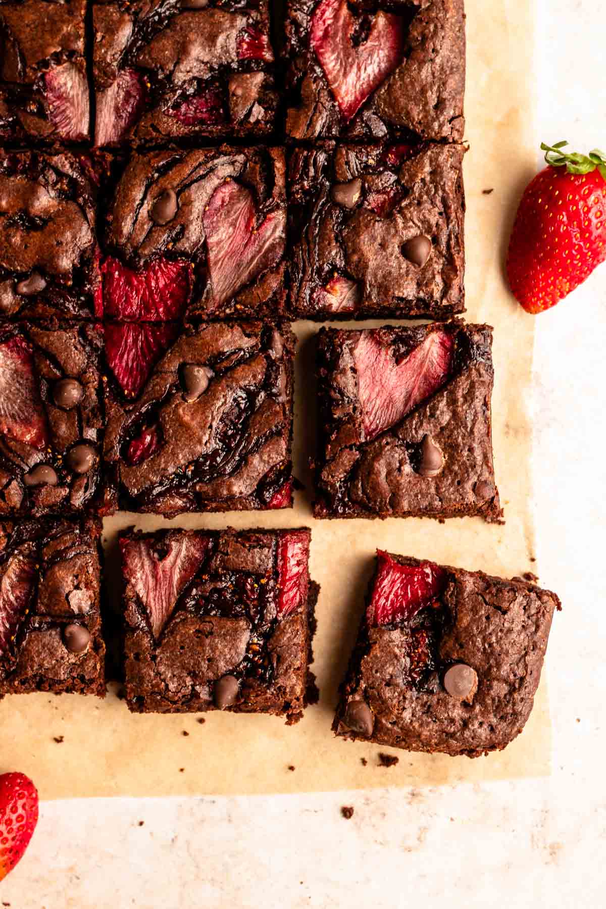 Overhead shot of sliced strawberry brownies.