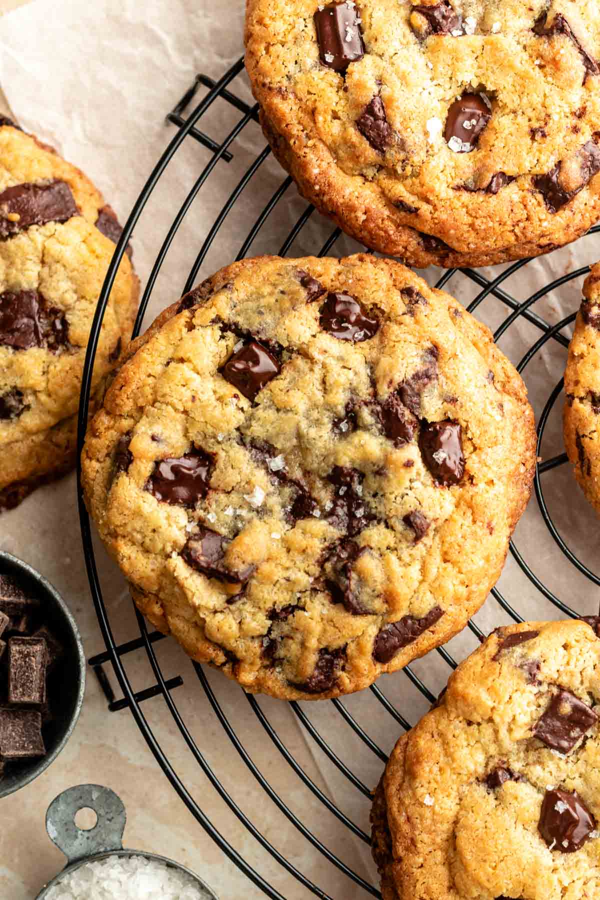 Top of bakery style chocolate chip cookies.