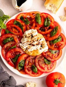 Top of burrata caprese salad.