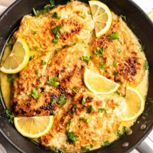 Top of chicken limone in a pan.