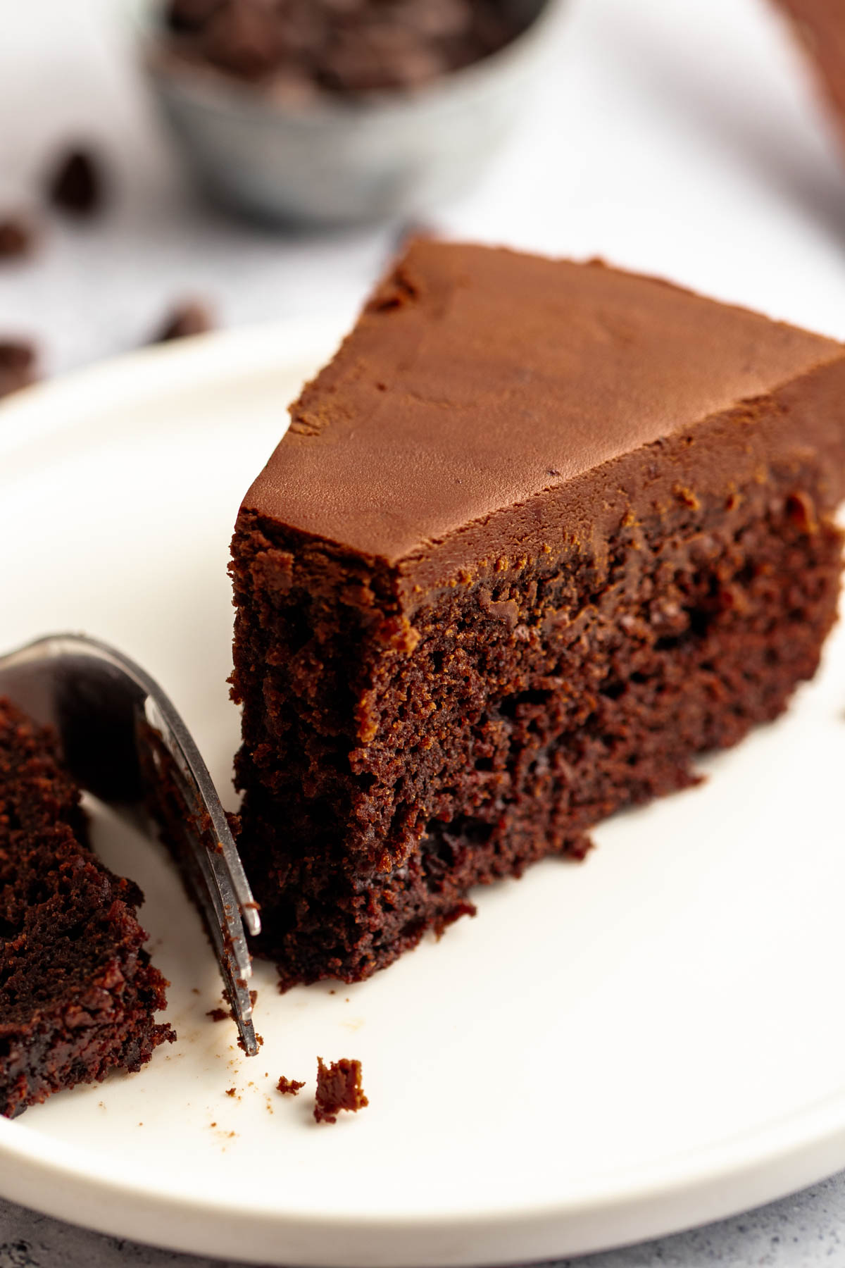 Close up shot of a slice of chocolate cake.