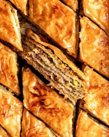 Top of pistachio baklava.