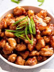 Honey garlic chicken in a bowl.
