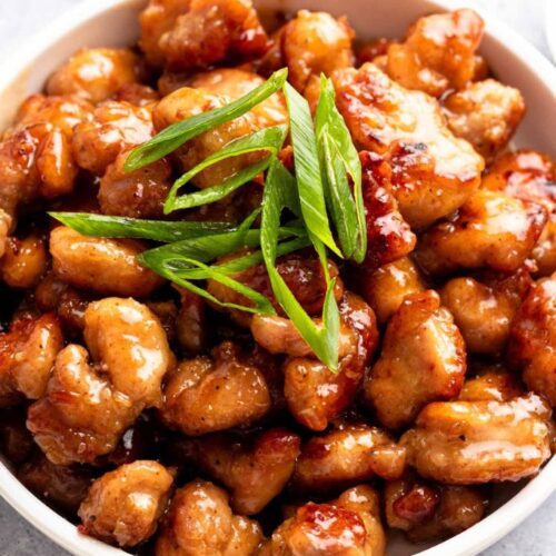 Honey garlic chicken in a bowl.