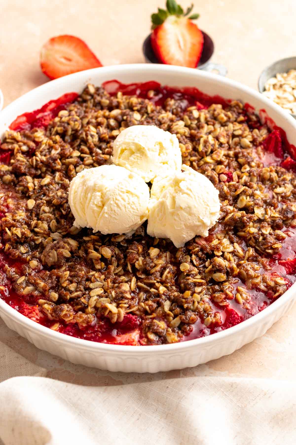 Strawberry crumble with vanilla ice cream.