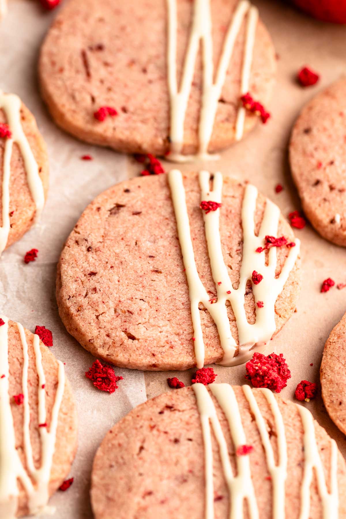 Close up shot of strawberry shortbread cookies.