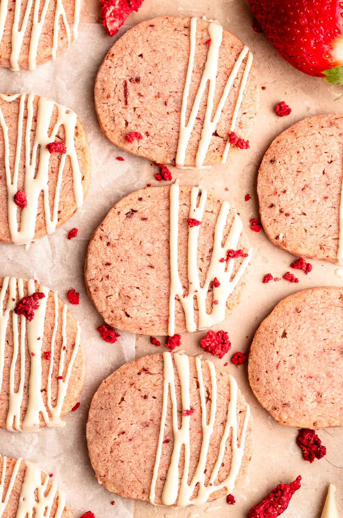 Overhead shot of strawberry shortbread cookies.