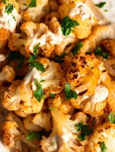 Top of roasted cauliflower with tahini.