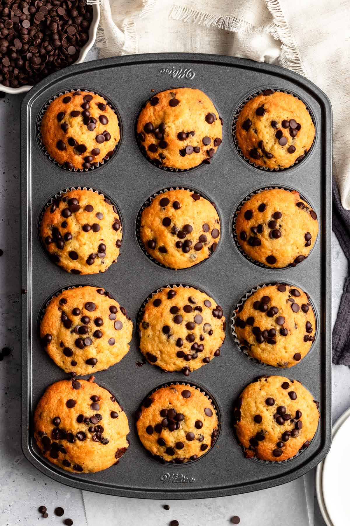 Top of chocolate chip muffins in a baking pan.