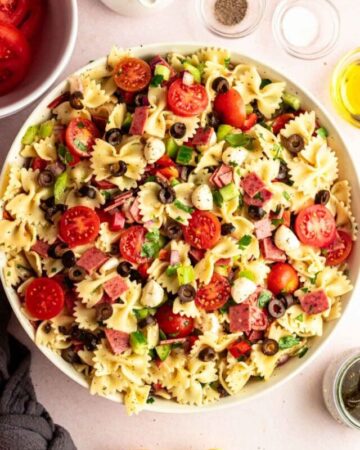 Top of zesty italian pasta salad in a large bowl.