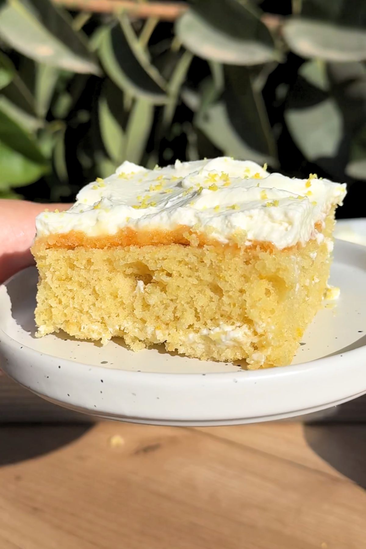 Hand holding a plate with a slice of lemon poke cake.