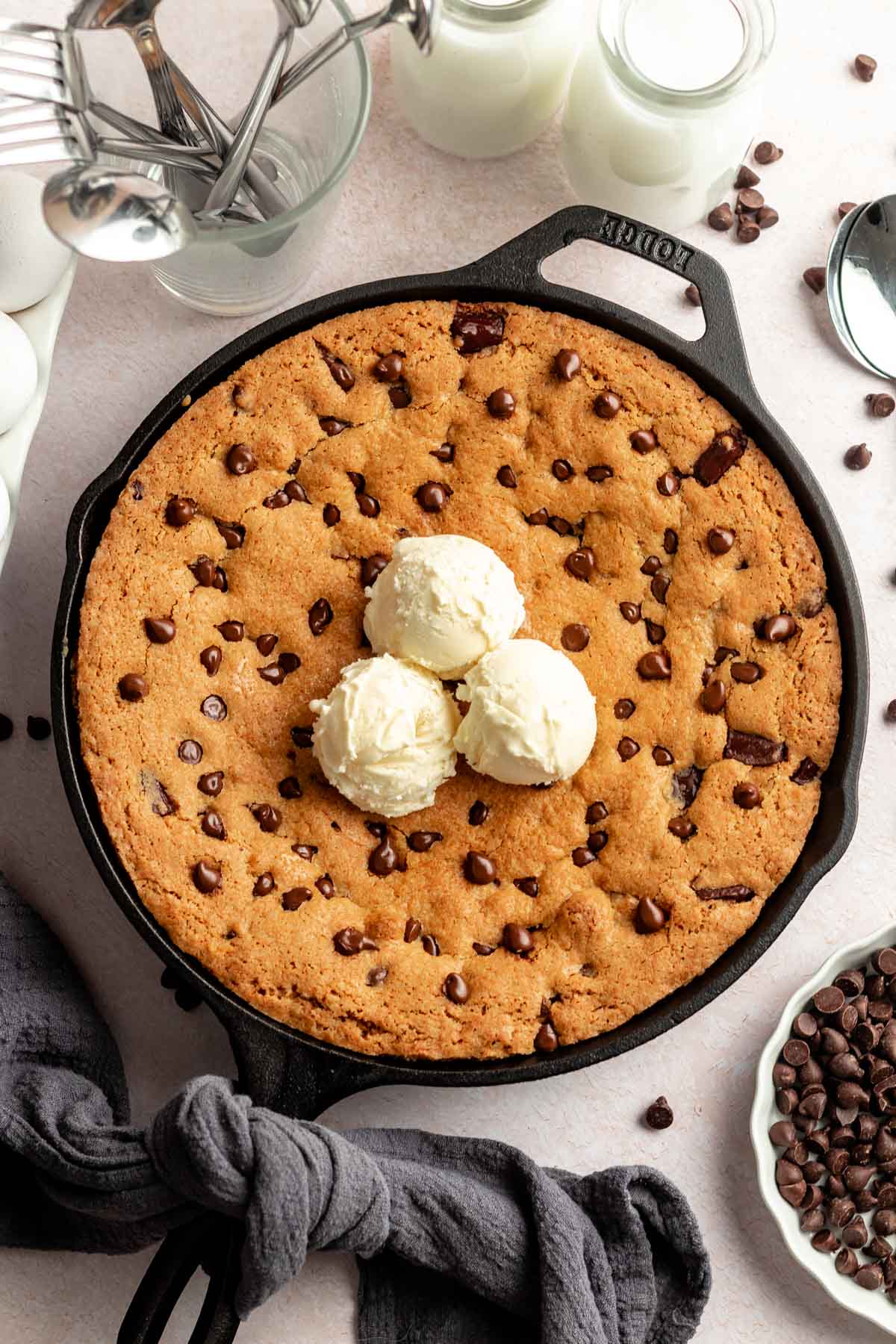 Top of skillet cookie with vanilla ice cream.