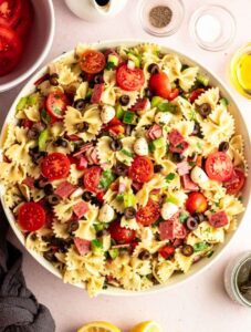Top of zesty italian pasta salad in a large bowl.
