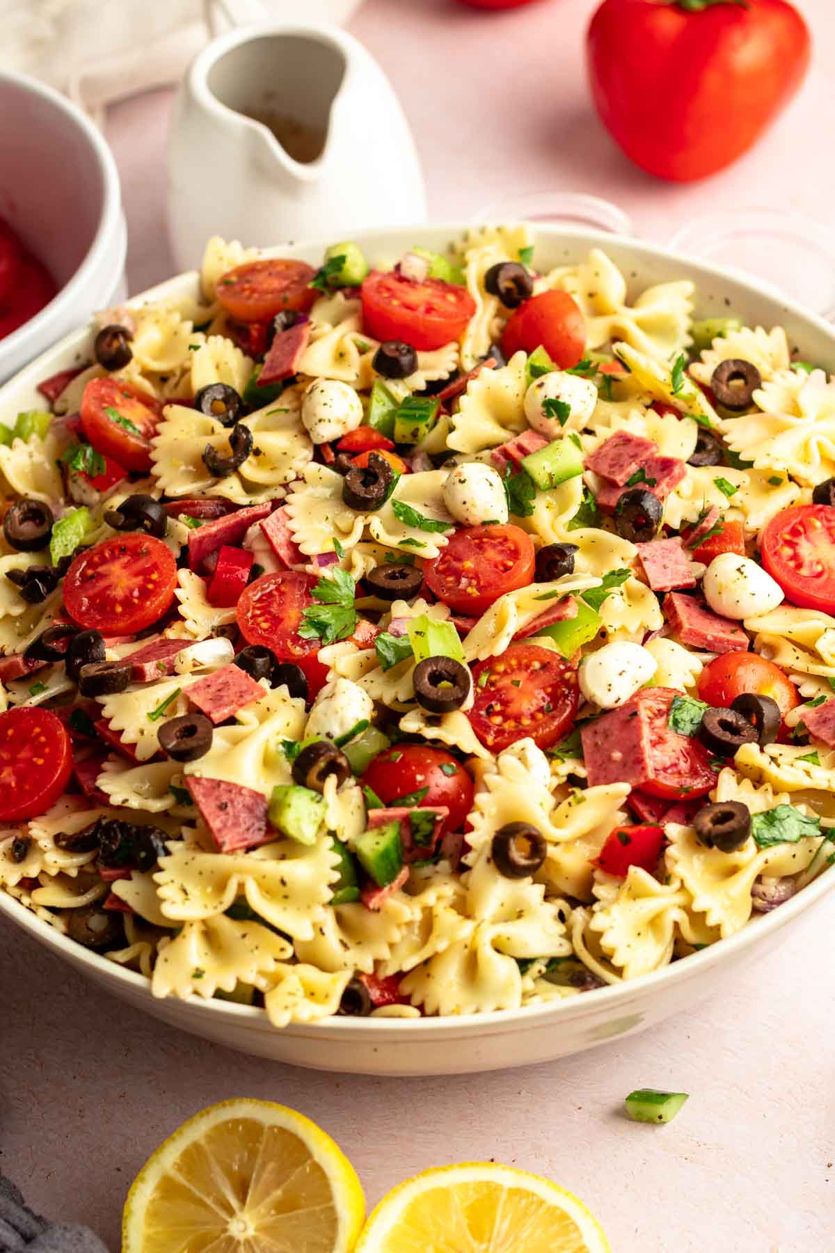 Large bowl with zesty italian pasta salad.