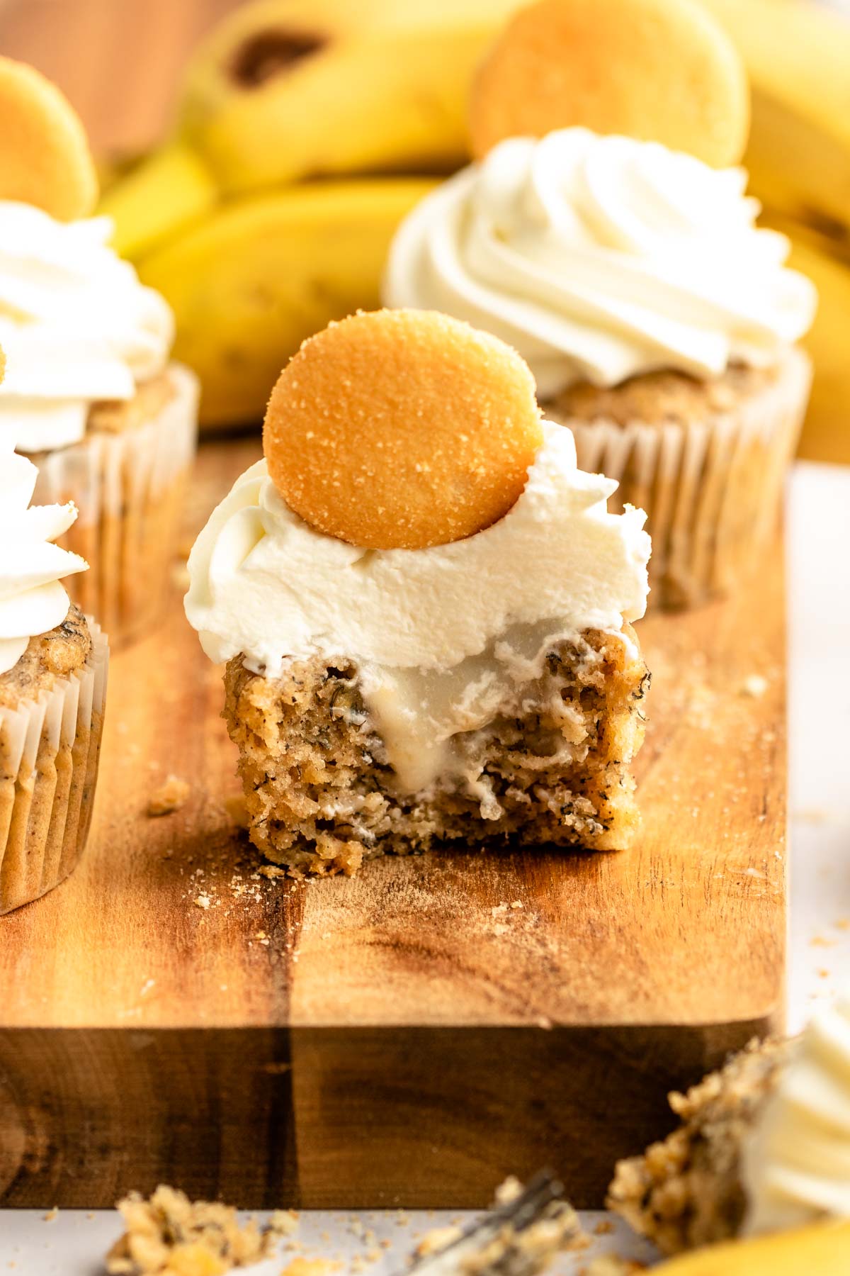 Banana pudding cupcake cut in half.