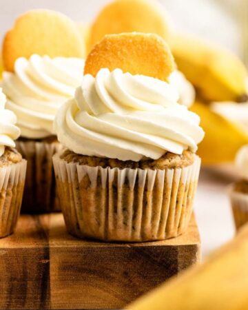Close up shot of banana pudding cupcakes.