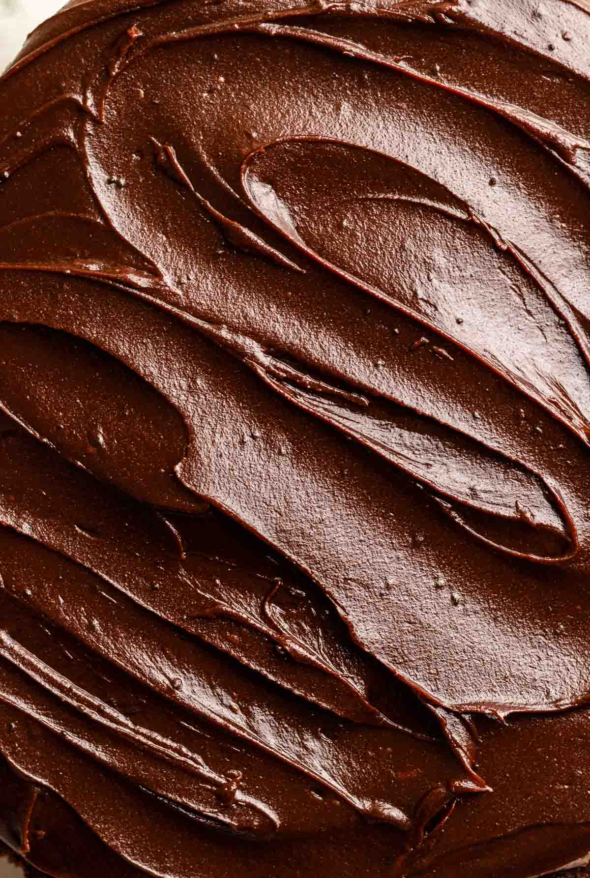 Top of chocolate fudge frosting swirles.