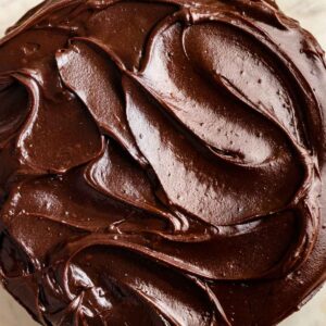Top of chocolate fudge frosting swirles.