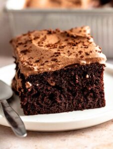 Slice of chocolate poke cake on a white plate.