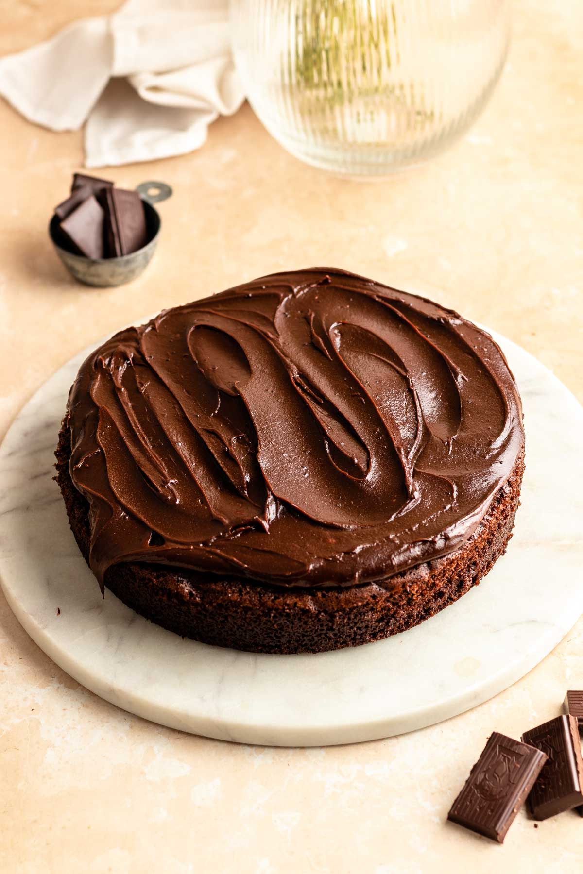 One layer of chocolate cake with frosting.